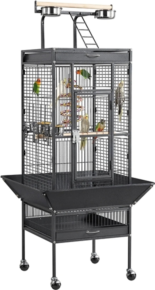 Yaheetech Papegaaienkooi Met Speelplateau – Voorzien Van Zaadvanger En Uitschuifbare Mestlades En Voerluikjes – Voor Valkparkieten En Papegaaien – Zwart Poedergecoat IJzer – 65,5 x 65,5 x 156 cm
