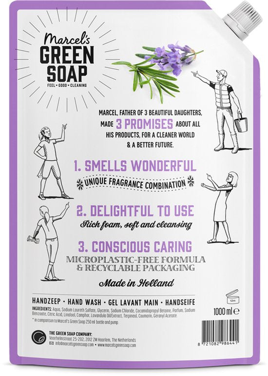 Marcel's Green Soap Handzeep Navulverpakking Lavender & Rosemary 1-Stuk 1000 ml – Paars/Groen – 93,55% Natuurlijk