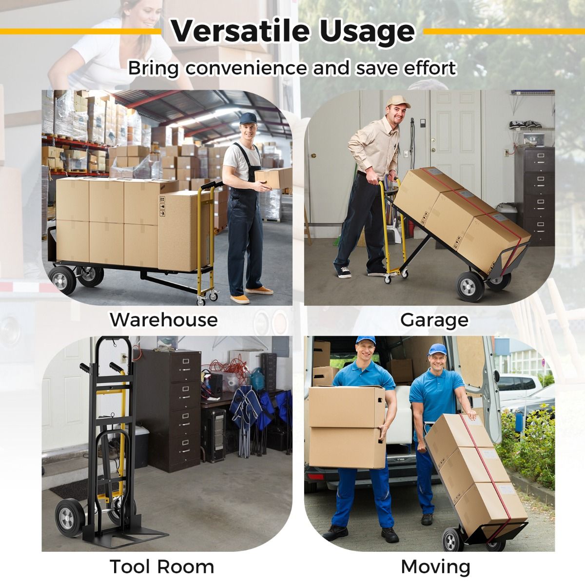 Coast Opvouwbare Transportwagen - 3-in-1 steekwagen - 4 rubberen wielen - 450 kg draagvermogen - zwart/geel