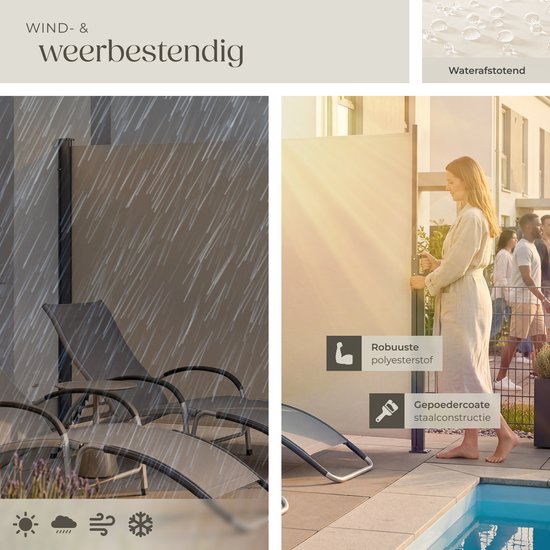tectake® Uitschuifbaar Windscherm met Oprolmechanisme - 300 x 180 cm - Zijluifel met Aluminium Frame- Zonnescherm - Tuinscherm - Beige Balkonscherm - Ondoorzichtbaar Privacyscherm - Markiesdoek