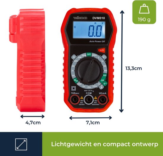 Velleman Digitale multimeter, geschikt voor het meten van AC/DC-stroom, AC/DC-spanning, weerstand, transistor, diodes en continuïteit, inclusief meetsnoeren