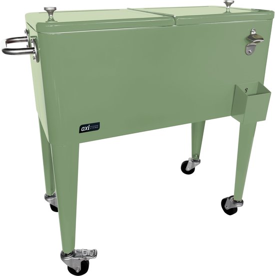AXI Retro Cooler Groen - Koelbox met afneembare deksel en flesopener - Met 2 wielen en rem - 76L inhoud