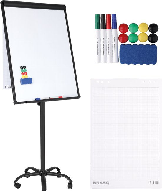 BRASQ Flipover Verrijdbaar - 70x100 cm - Verstelbaar Whiteboard - Inclusief 25 vellen papier, 4 Stiften, 8 Magneten, Wisser - Flipover met Papierklem en Haken - Magnetisch bord - Magneetbord - Zwart