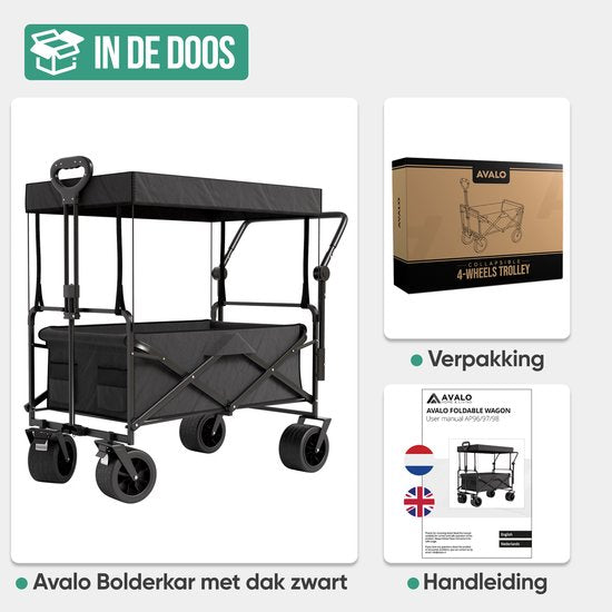 Avalo Bolderkar Opvouwbaar met Dak XL - 120L en 110kg Draagvermogen - Bolderwagen met 360° Wielen - Zwart