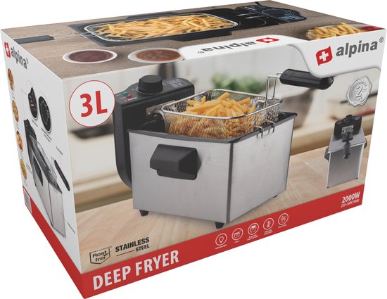 alpina Friteuse - Frituurpan - 3 Liter - 2000 Watt - Roestvrij Staal - Met Thermostaatknop