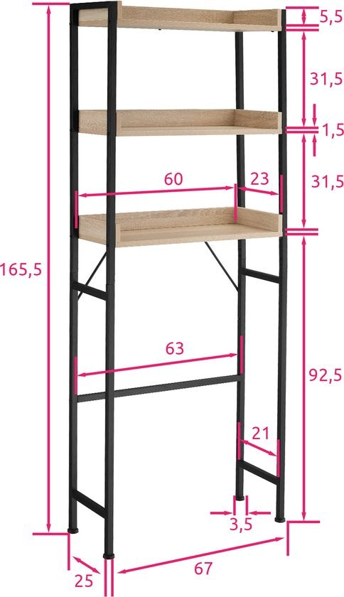tectake Badkamerrek Seattle 67 x 25 x 165,5 cm Industrieel licht hout, eiken Sonoma - 404864