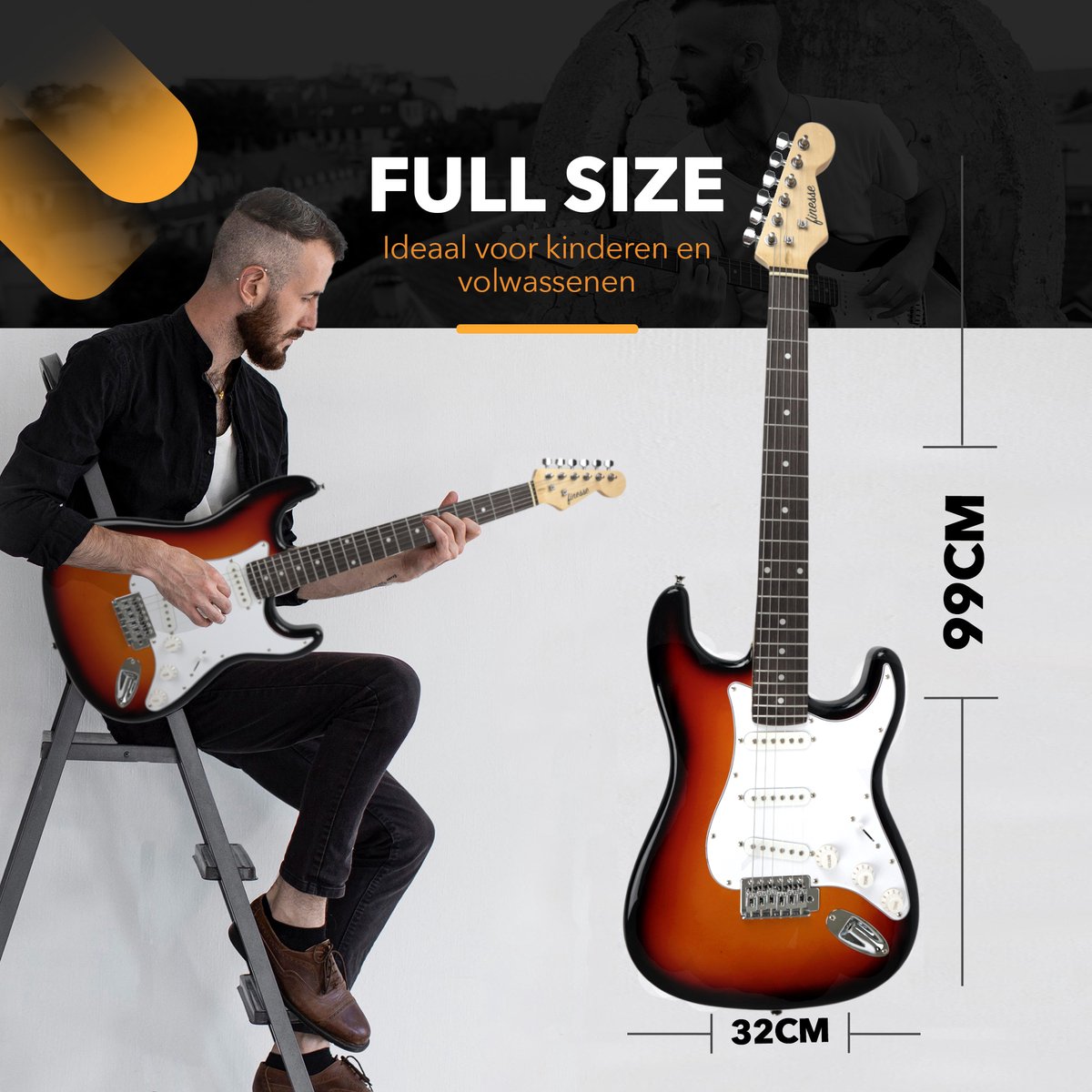 Finesse Elektrische Gitaar met Hoes – Sunburst – Full-size 4/4