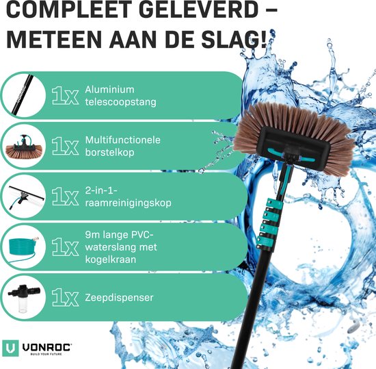 VONROC Telescopische wasborstel – 6,50m - Incl. Borstelkop, raamreiniger, waterslang en zeepdispenser