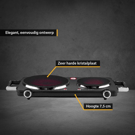 TZS First Austria Kookplaat 2500W - Kookplaat elektrisch vrijstaand - 2 kookzones - met Handgrepen - Zwart