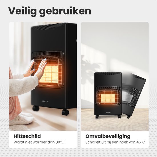 Auronic Mobiele Gaskachel - met Wieltjes - tot 60 m² - 4100W Gas Heater - Inclusief Gasdrukregelaar en Gasslang - Zwart