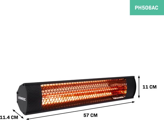 VONROC Terrasverwarmer – Waterdicht & Lowglare – 2000 W – 57 x 11 x 11,4 cm – Zwart