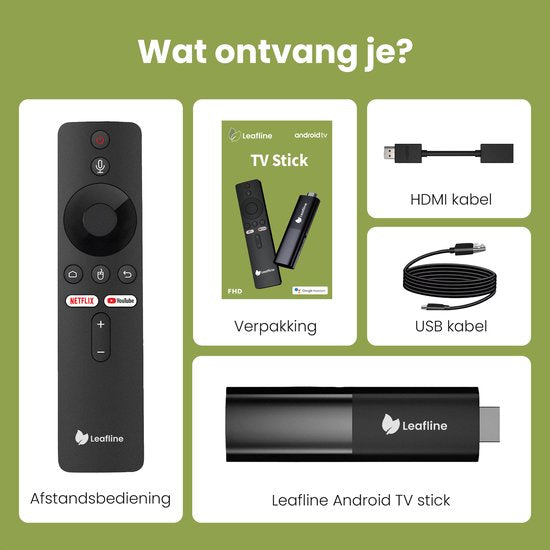 Leafline® Android TV Stick – Google TV Streamer - Ingebouwde Chromecast - Android TV Box – Met Afstandsbediening & Spraakbesturing
