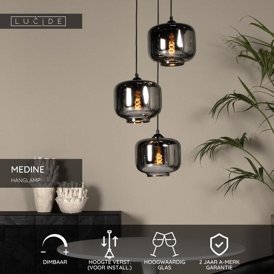 Lucide MEDINE - Hanglamp - Ø 46 cm - 3xE27 - Fumé