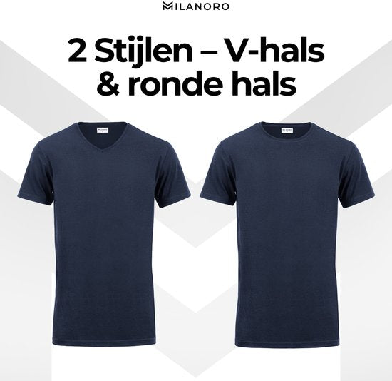 Milanoro - 4-pack extra lange katoenen T-shirts - Navy - Ronde hals - S