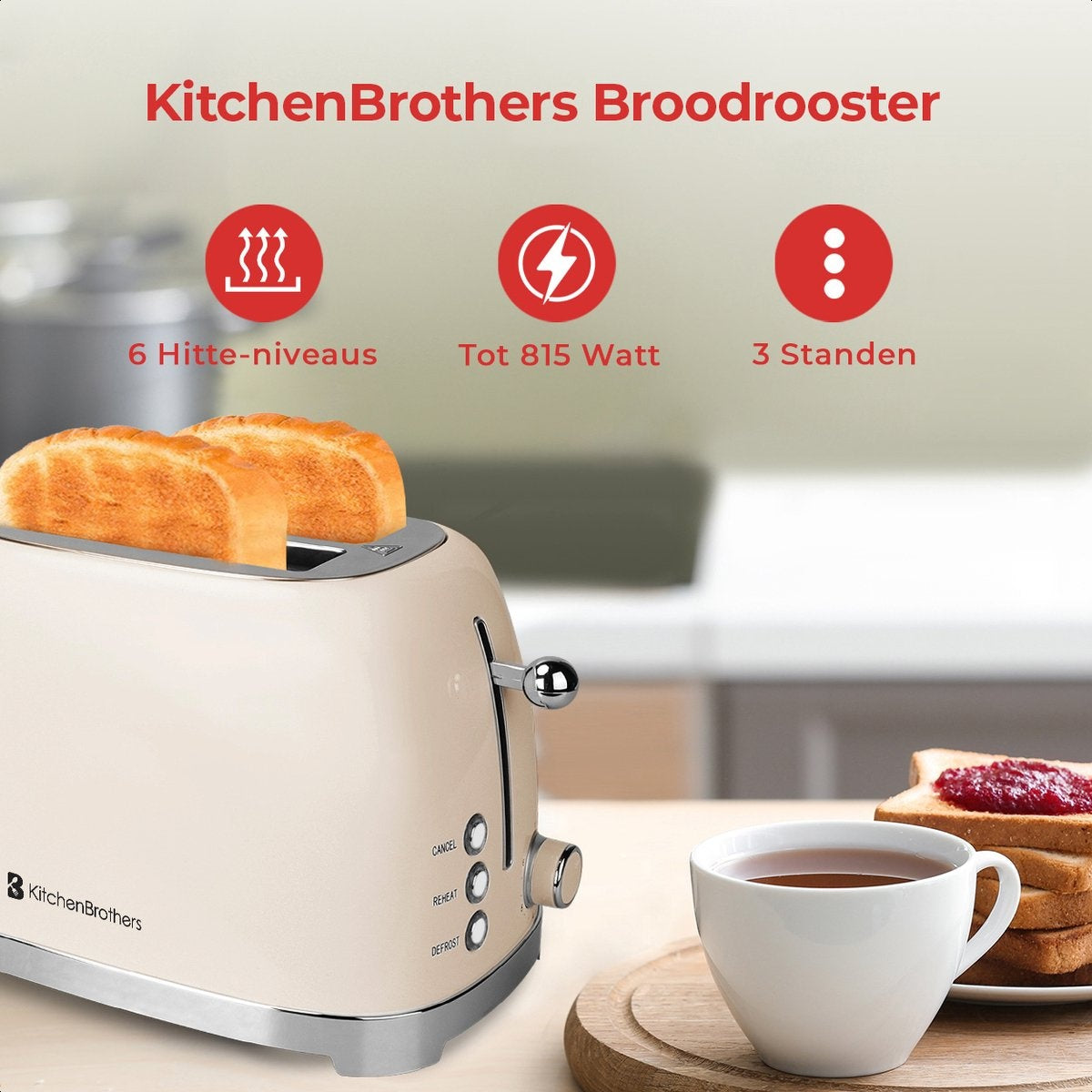 KitchenBrothers Retro Broodrooster - Toaster - 6 Warmteniveaus - 2 Extra Brede Sleuven - 815W - Beige