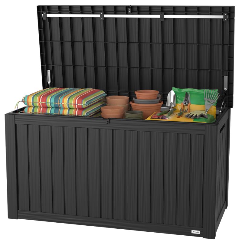 LifeGoods Kussenbox L - Kunststof - 570L - Gasveer - Weerbestendig - XXL Opbergbox - Donkergrijs