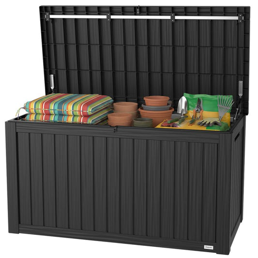 LifeGoods Kussenbox L - Kunststof - 570L - Gasveer - Weerbestendig - XXL Opbergbox - Donkergrijs