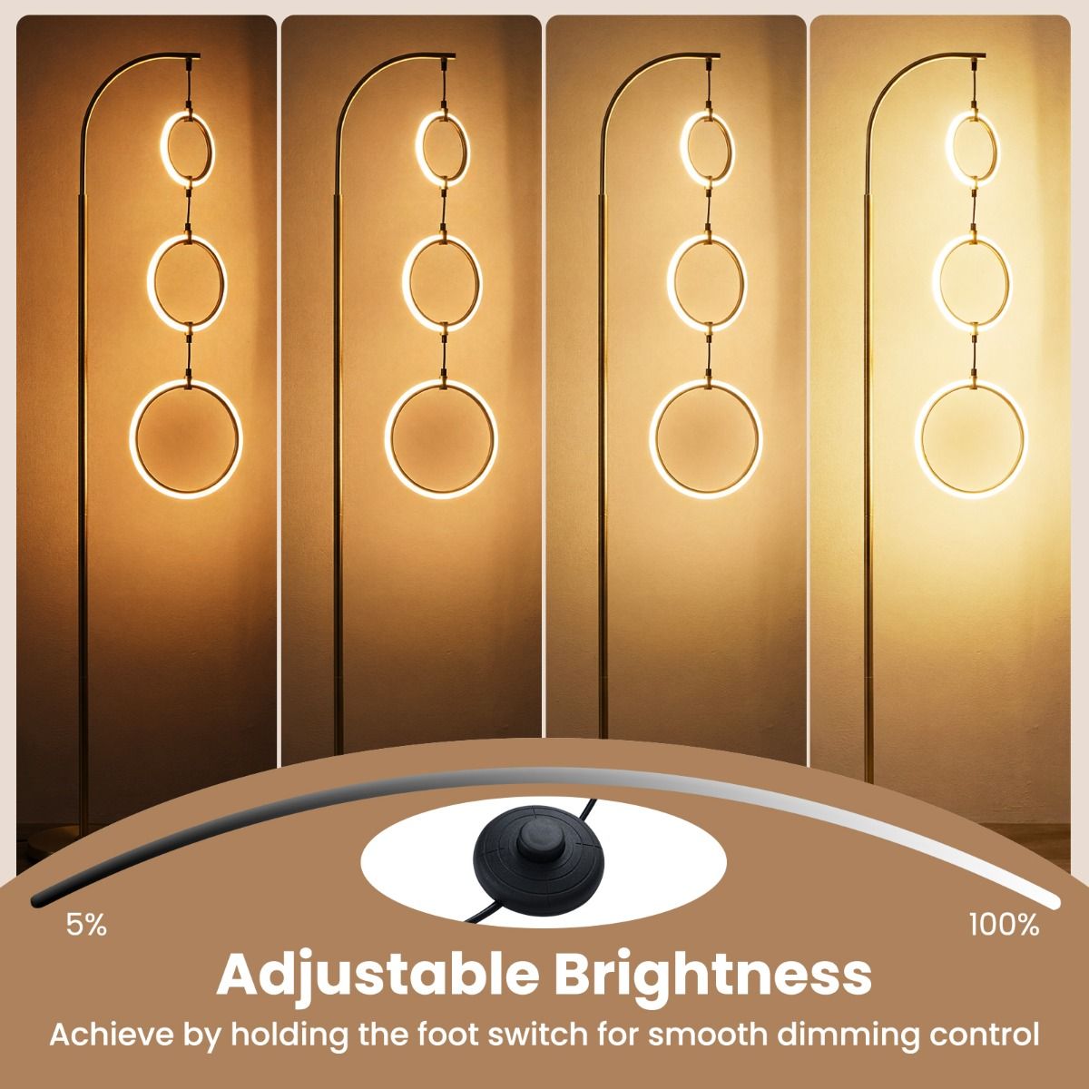 Coast Staande Lamp - dimbaar met voetschakelaar - 3 LED-lichtringen - goud