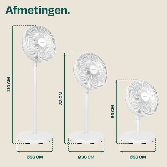 VONROC Vloerventilator - 3 snelheden – incl. afstandsbediening - timer - verstelbaar in 3 hoogtes - wit