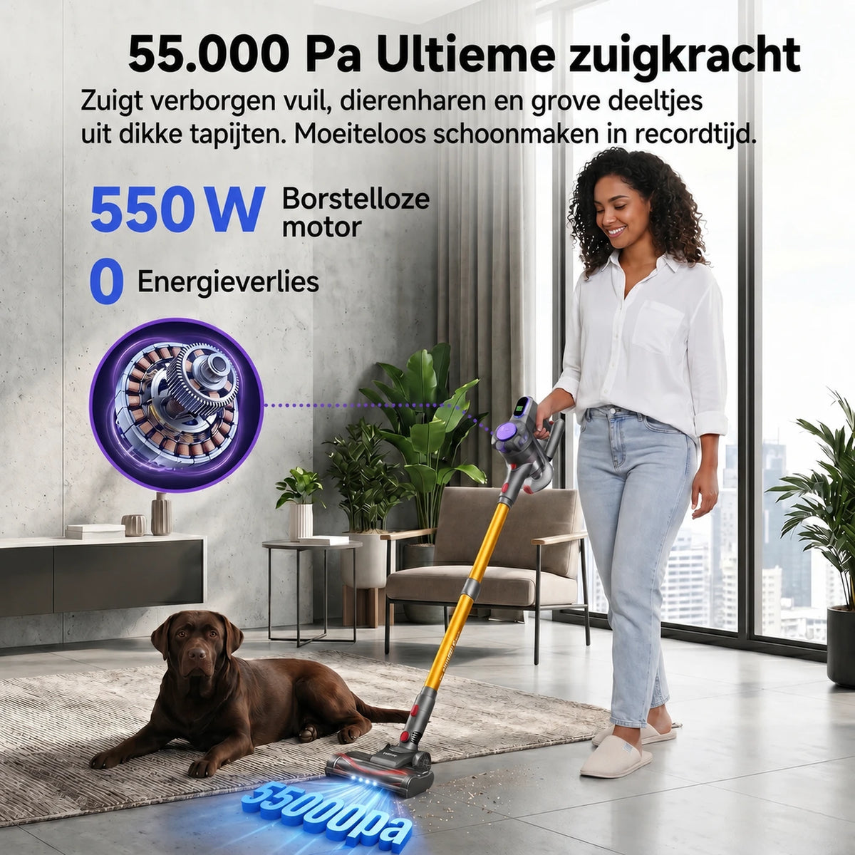 Monsga ME03 Draadloze Steelstofzuiger - 550 W - 55 kPa - 55 Min Looptijd - 1,2 kg - Anti-Klit Borstel - Afneembare Accu - Groen Detectielicht