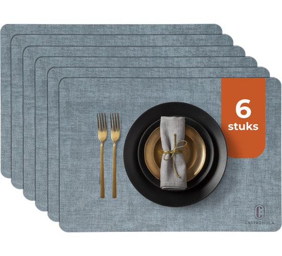 Castagnola Lederlook Placemats - Antislip Placemat van Kunstleer - Waterafstotende Onderlegger - Onderzetter - Placemats kunststof - 6 Stuks - 45 x 30 cm - Gemêleerd Blauw