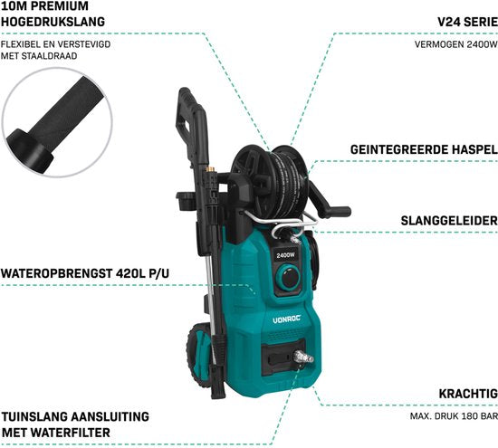 VONROC Hogedrukreiniger V24-1 - 2400W – 180 bar - Incl. 10m premium slang en accessoires