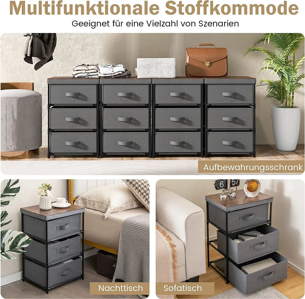 Nachtkastje met Stoffen Laden Bijzettafel met Metalen Frame Opbergkast Stoffen Commode voor Slaapkamer Woonkamer Hal (Grijs)