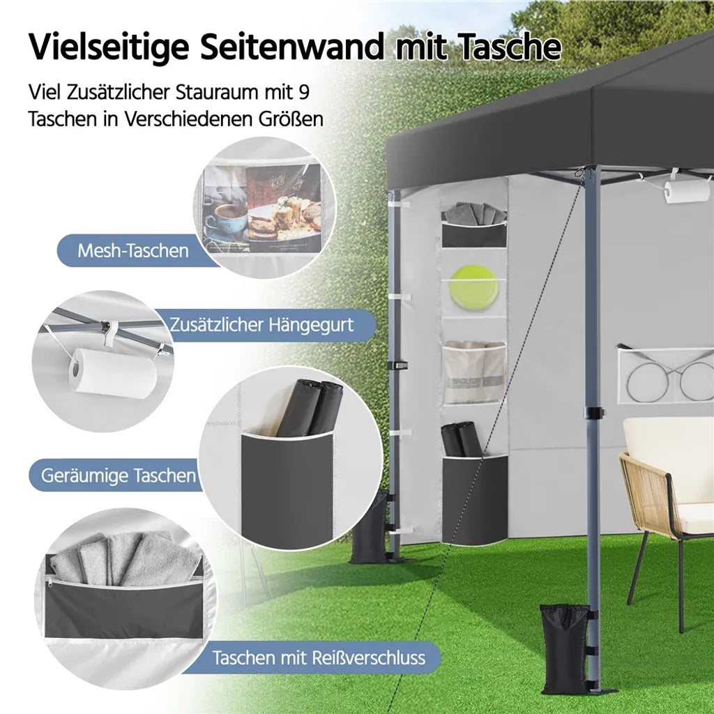 Yaheetech Partytent - 3 x 3 m - Met Zijwand - Verstelbaar 171-266 cm - Waterdicht - Donkergrijs