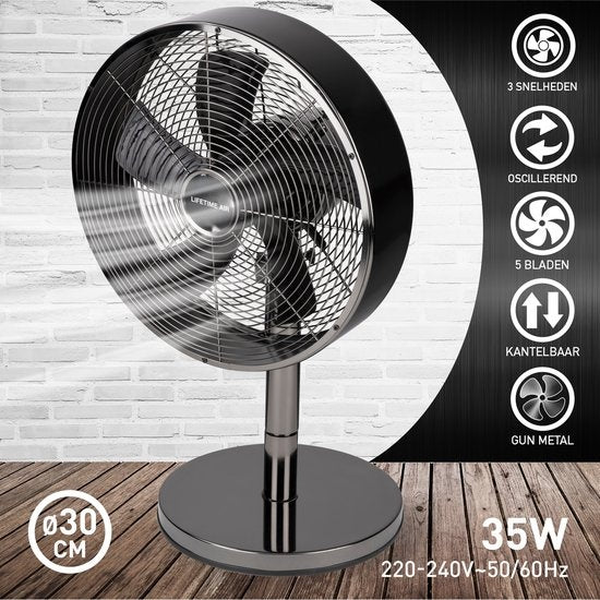 Lifetime Air Tafelventilator - 230V - Bureau Ventilator 30CM - 3 Snelheden - Oscillerende Functie - Kantelbaar - Zwart