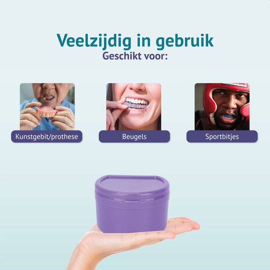 Gebitsbakje - Beugelbakje - Incl. Lekbakje - Paars - Voor - Beugel - Kunstgebit - Prothese - Beugelbakje - Beugeldoosje - Bakje
