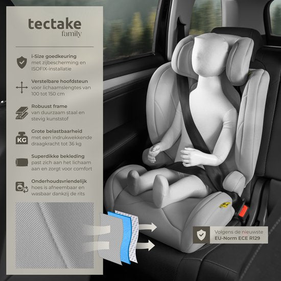tectake® Kinderautostoeltje i-Size Goedgekeurd - ISOFIX Autostoel tot 36 kg - Veiligheid en Comfort voor Kinderen- YB805A - lichtgrijs