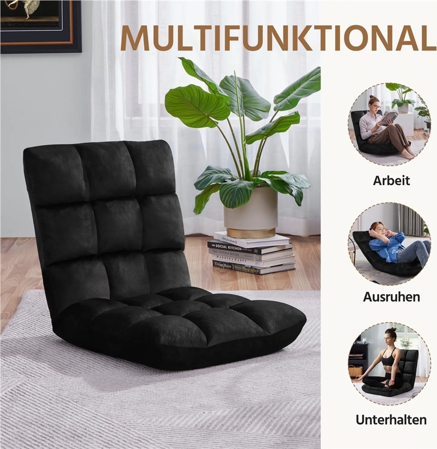 Yaheetech Vloerstoel Inclusief 14 Verstelbare Standen – Voorzien Van Schuim Met Hoge Dichtheid En Stevig Metalen Frame En Zachte Pluche Stof – Voor Woonkamer En Speelkamer – Zwart Polyester – 111,5 x 53 x 14 cm