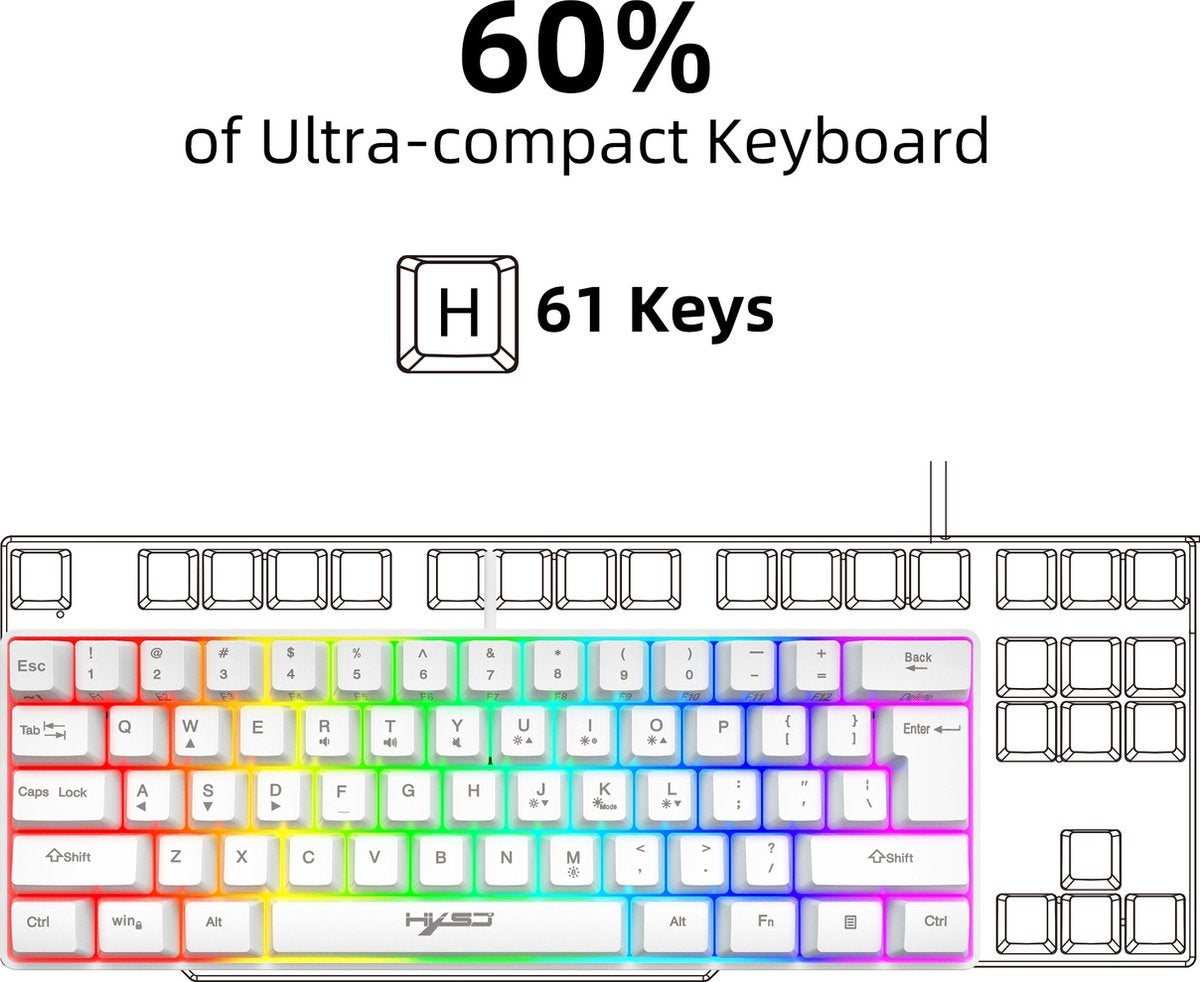 HXSJ V700 RGB Membraan bedrade gaming toetsenbord - 61keys - Qwerty - Wit