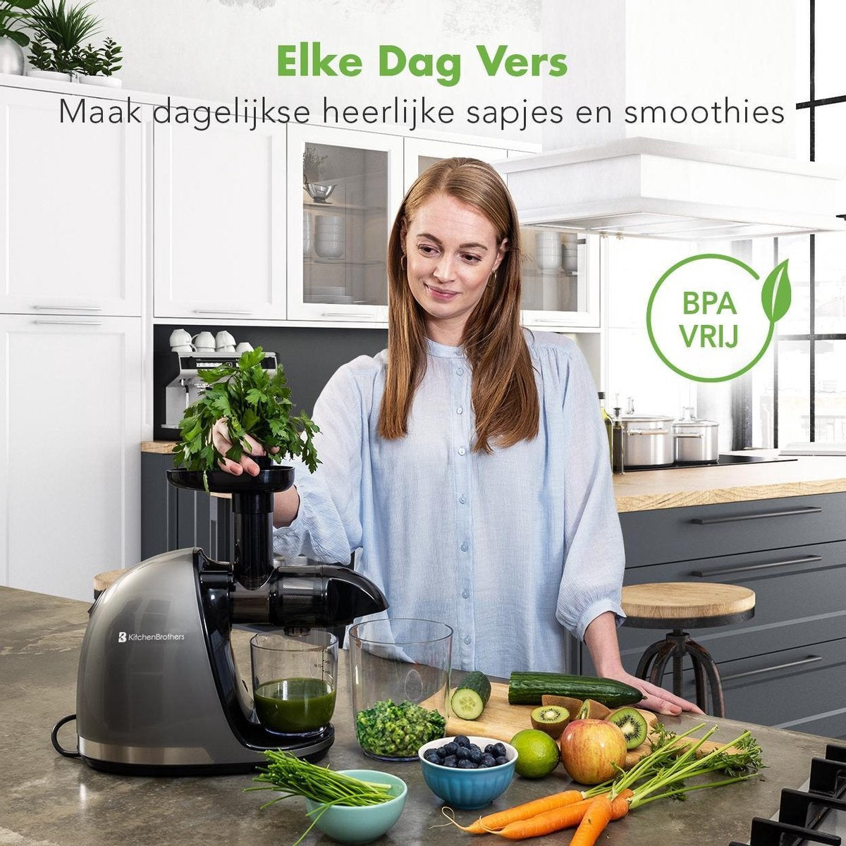 KitchenBrothers Slowjuicer - Juicer - Groenten en Fruitpers - 700ml Sapbeker - 1400ml Pulpcontainer - Grijs