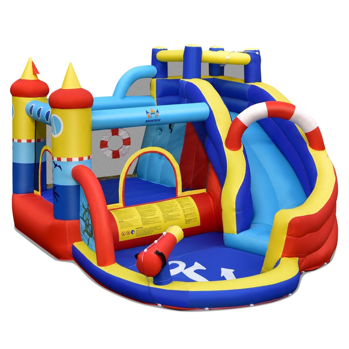 Coast Opblaasbaar Speelkasteel Piratenschip - 5-in-1 Waterpark met Glijbaan en Klimwand - Inclusief Waterpistool en Ventilator - 360 x 290 x 200 cm