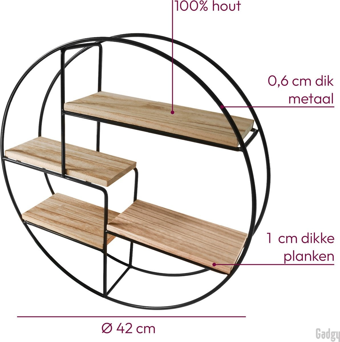 Industrieel Wandrek Rond – Houten Planken & Zwart Metaal – Decoratief Wandrek – Gadgy