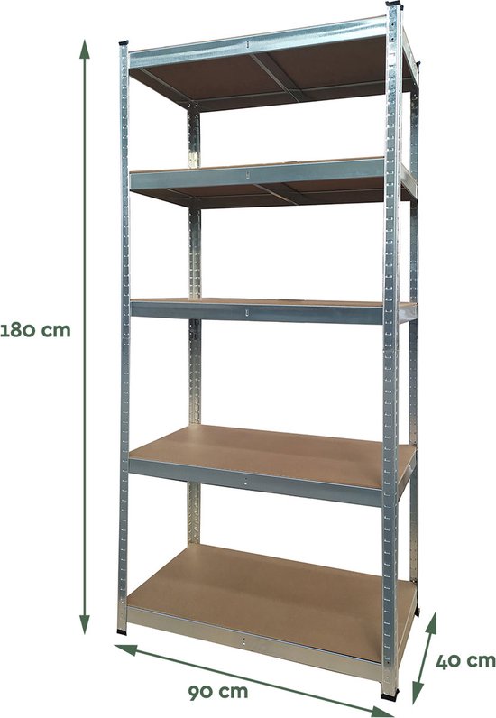 BRASQ Metalen Stellingkast - 5 Lagen - 180x90x40cm - 175 KG/plank - 875 KG max - Zilver