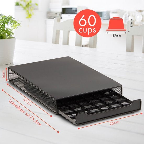KitchenBrothers Capsulehouder met Lade - Geschikt voor Nespresso - 60 Cups - Zwart