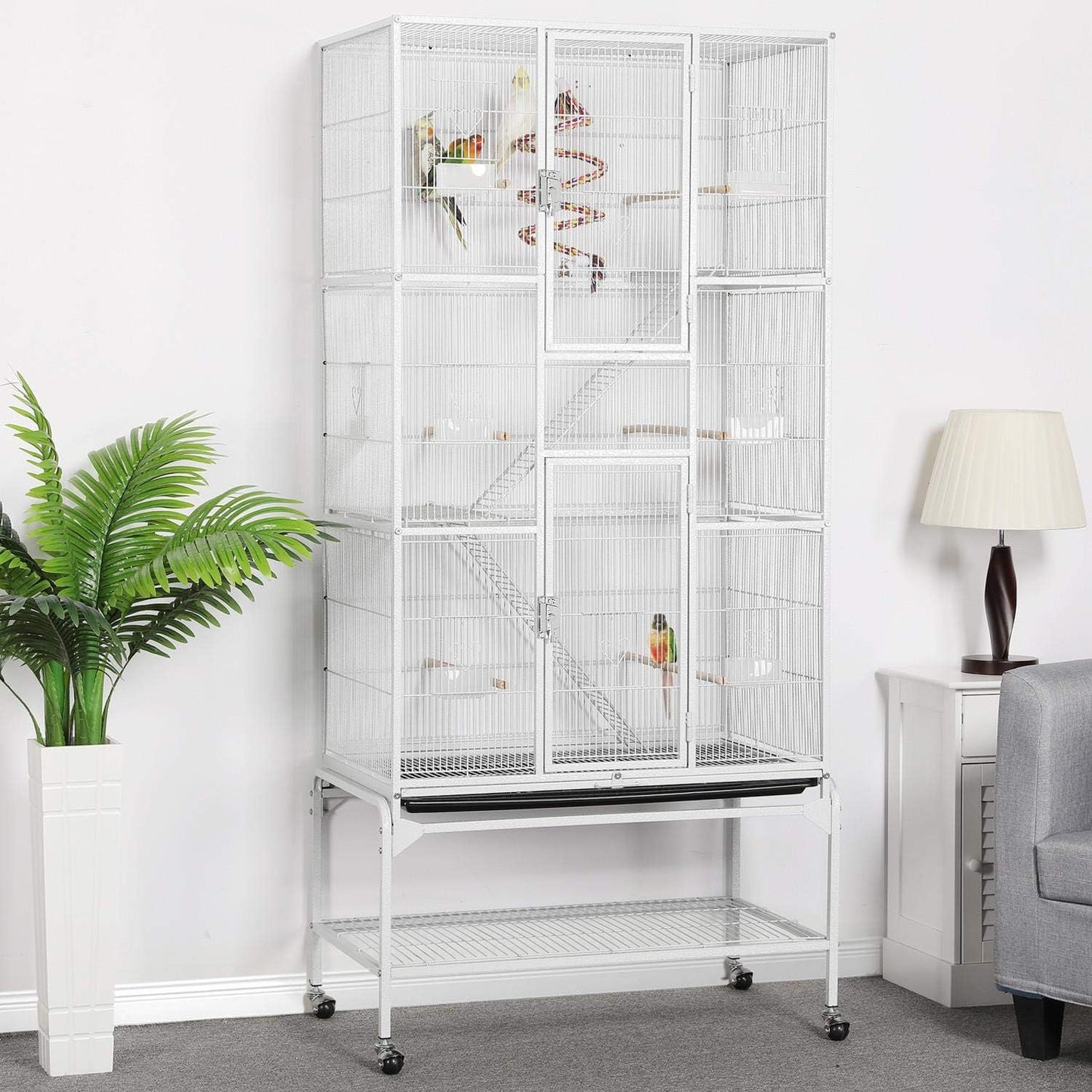 Yaheetech 175 cm Extra Grote Vogelkooi met Afneembare Standaard voor Middelgrote Papegaaien, Parkieten, Valkparkieten, Conures, Liefdesvogels, Grasparkieten en Finch – Wit