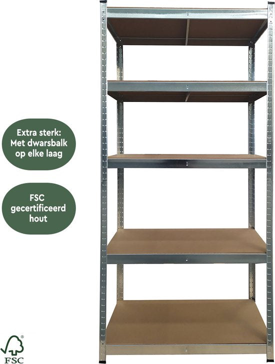 BRASQ Metalen Stellingkast - 5 Lagen - 180x90x40cm - 175 KG/plank - 875 KG max - Zilver