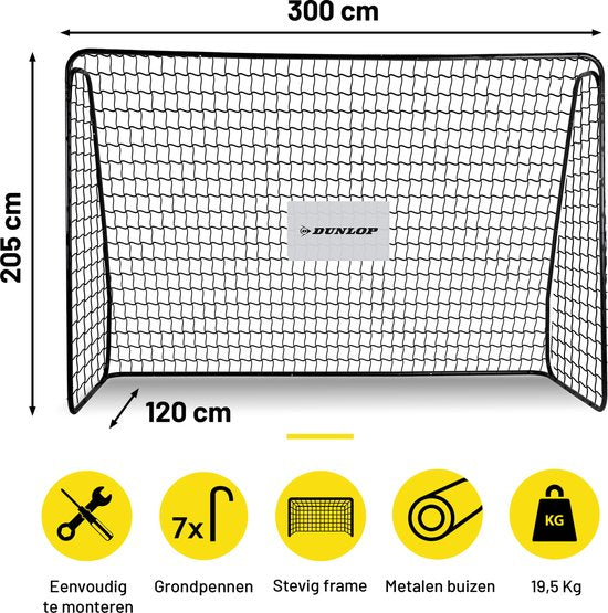 Dunlop Voetbaldoel - 300 x 205 x 120 cm - Buitenspeelgoed voor Kinderen en Volwassenen - Snelle Montage - Voetbal Training Doel - Metaal - Zwart