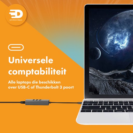 Drivv. USB C naar Ethernet Adapter met 3 USB 3.0 poorten - 100/1000 MBps - Internet Adapter - Netwerkadapter