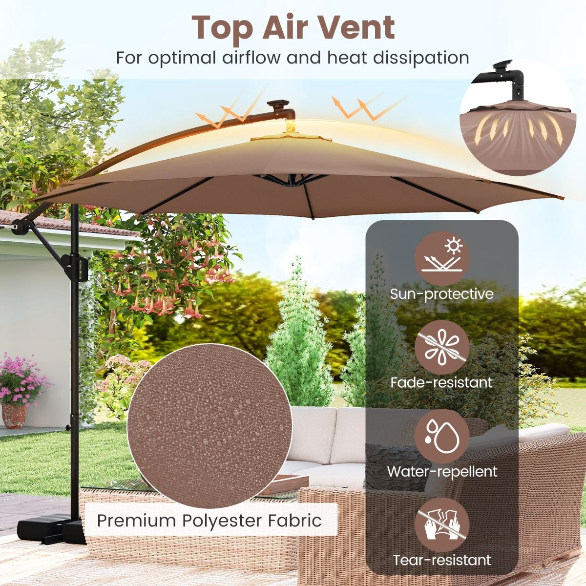 Coast Zweefparasol met LED-verlichting - 9 verlichtingsmodi - met zandzakken en slinger - bruin - 300 x 260 cm