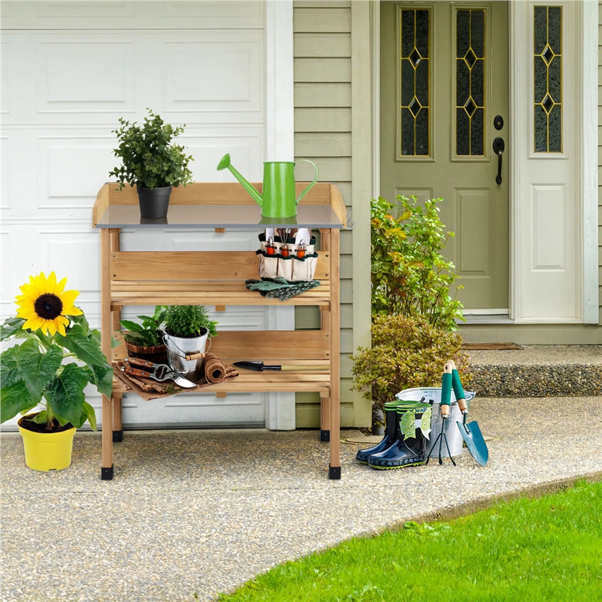 Planttafel voor Buiten met Gegalvaniseerd Werkblad 3 Planken en 3 Haken Houtkleur