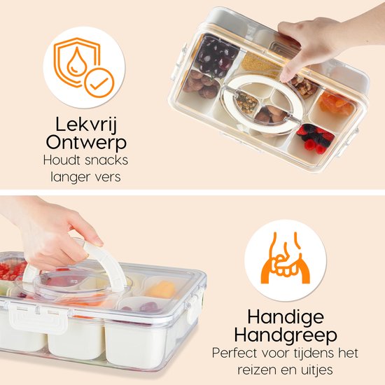 Posity Snackbox - Snackdoos met Vakjes - Met Deksel en Handvat - 8 Vakken - Voor Onderweg - Vershouddoos - Kunststof - Wit