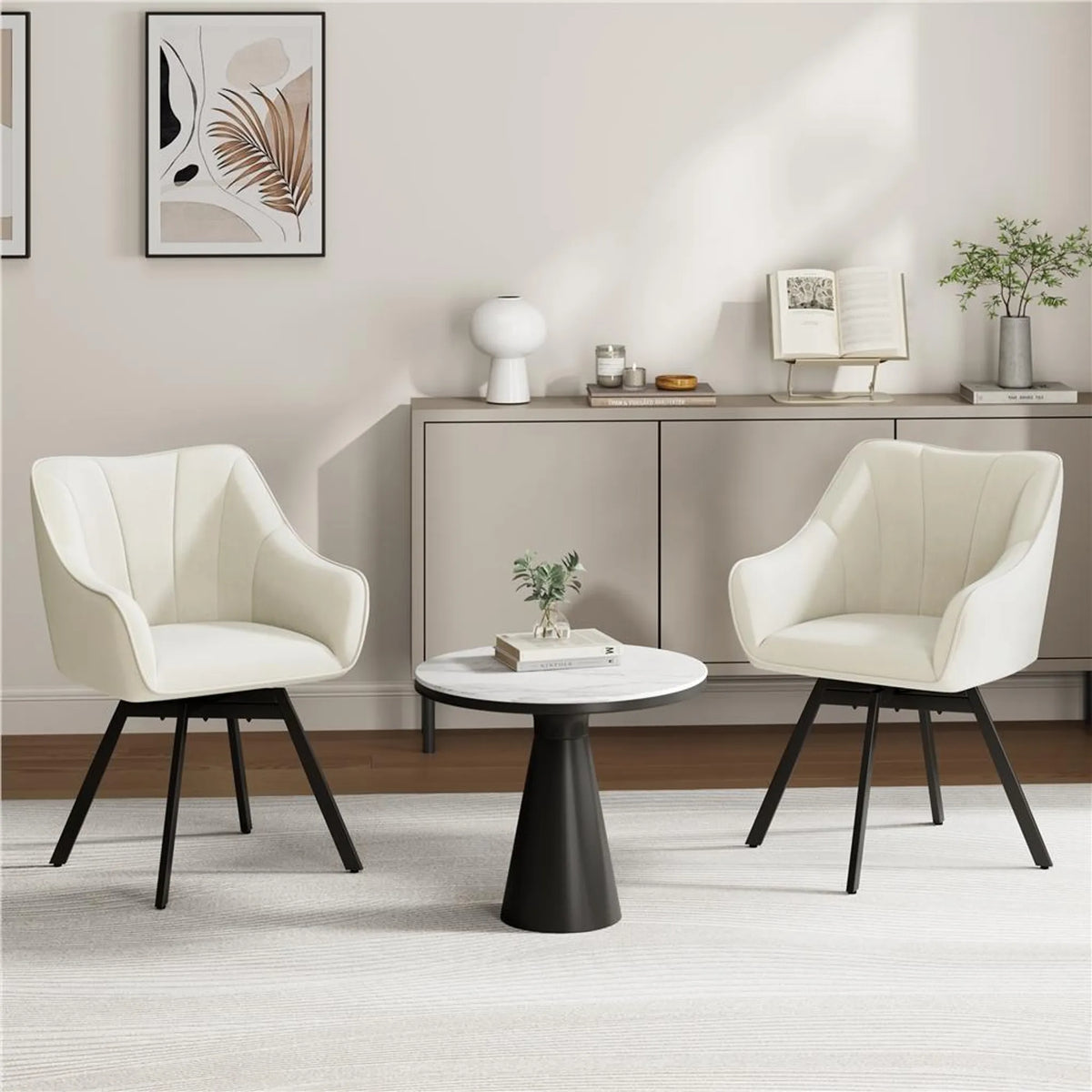 Yaheetech 360° Draaibare Eetkamerstoel van Samt 55x58,5x82 cm – Stijlvol Beige – Polyester en Metaal