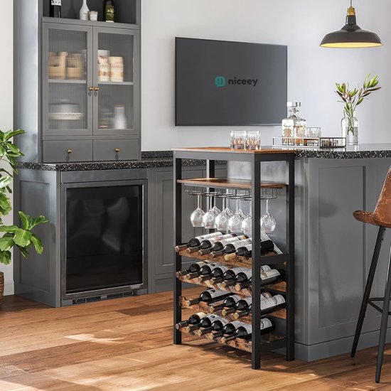 Niceey – Wijnkast Met Glazenhouder –  Voor 24 Flessen – 66 x 30 x 100 cm – Voorzien Van Bovenste Opbergplank En Ruimte Voor 15 Glazen – Voor Woonkamer En Keuken – Zwart En Bruin Metaal En Hout