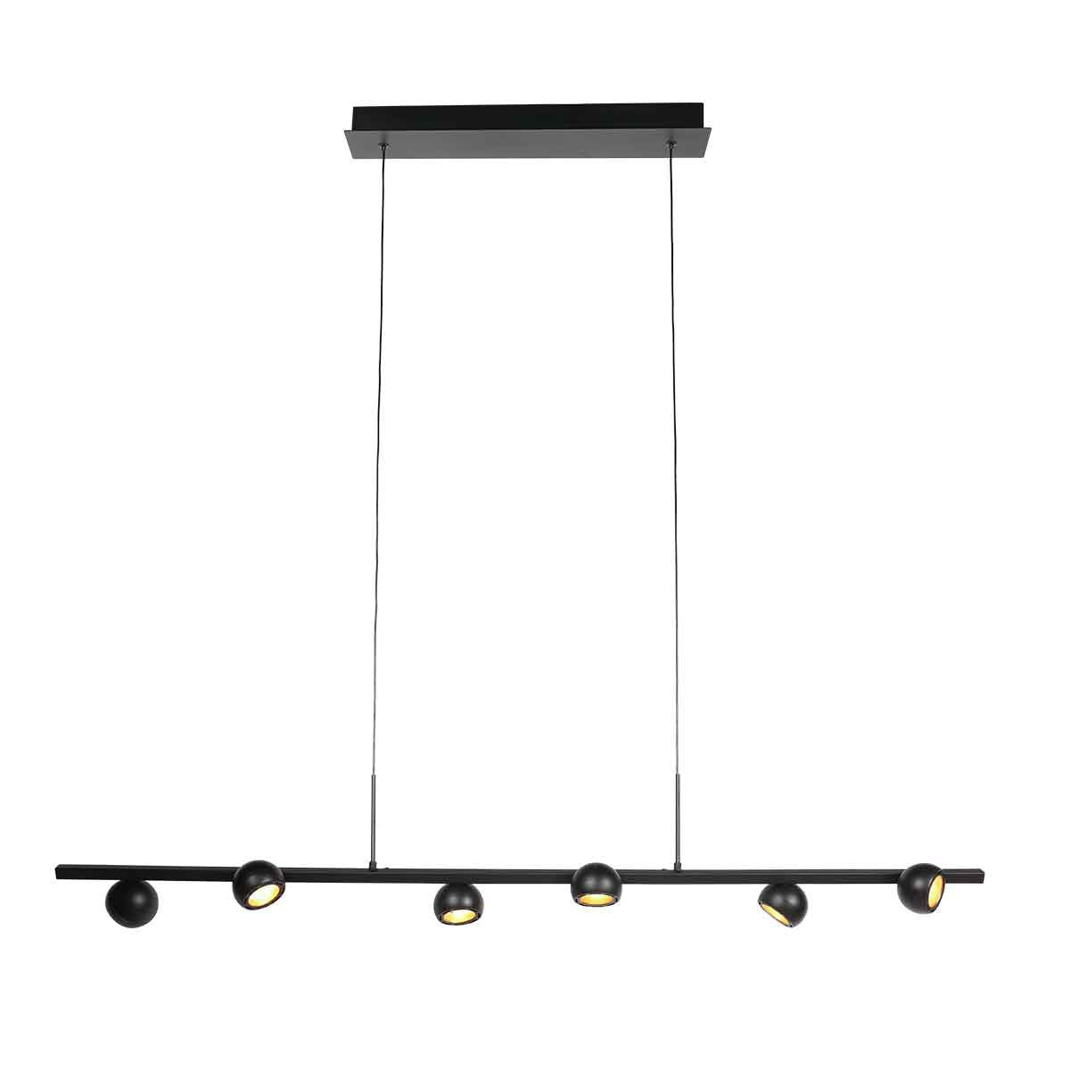 Zwarte hanglamp Marcadore 120cm breed 6 lichts met draaibare reflector kogels, verstelbaar in hoogte, van Steinhauer van kunststof en metaal, modern retro stijl, voor binnen gebruik