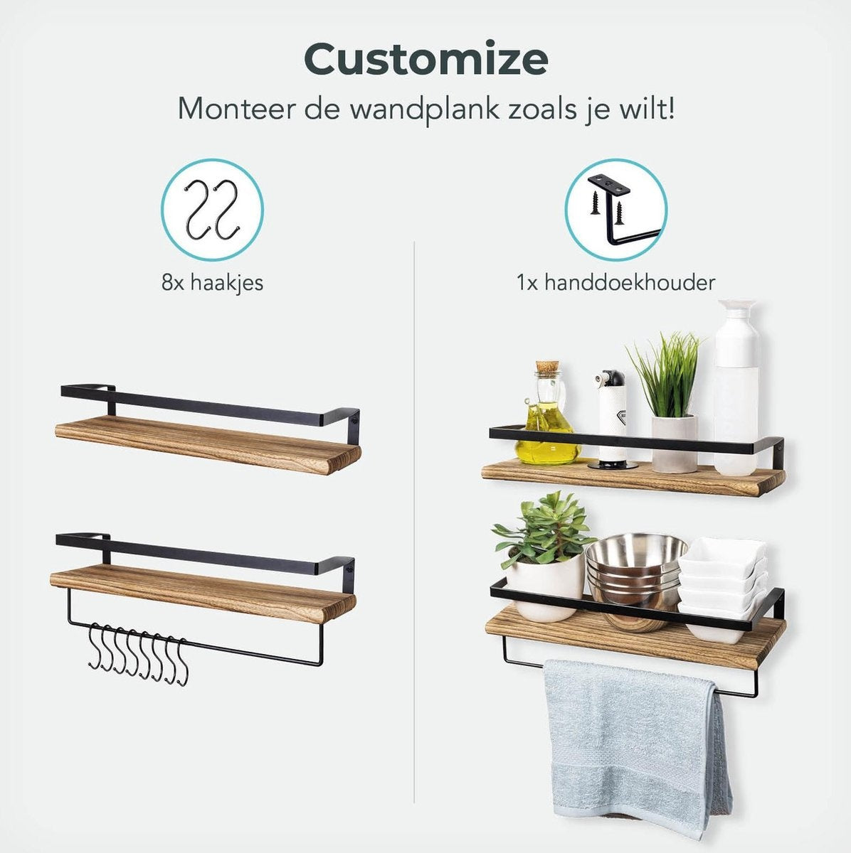 LifeGoods Zwevende Wandplank - 2 Stuks - 41cm - Handdoekhouder en 8 Haakjes - Industrieel - Hout - Bruin/Zwart