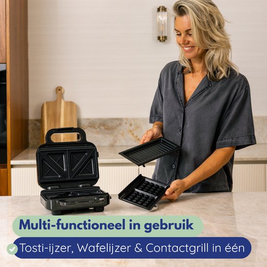 Safecourt Kitchen Tosti-apparaat – 3-in-1 tosti-ijzer, wafelijzer én contactgrill – Uitneembare PFAS-vrije platen & vaatwasserbestendig – compact – snel warm – Contactgrill